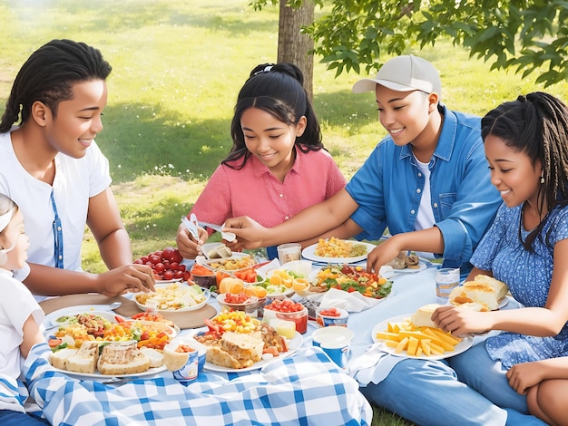 Une famille réunie autour d'une table de pique-nique en train de savourer un repas ensemble le jour de la fête du Travail