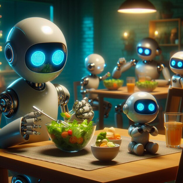 Une famille de robots profitant d'un repas sain