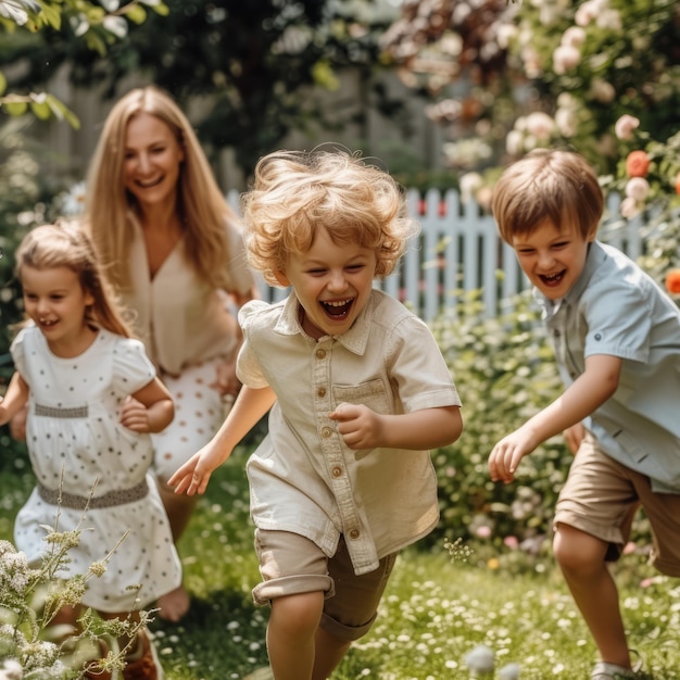 La famille s'amuse dans le jardin