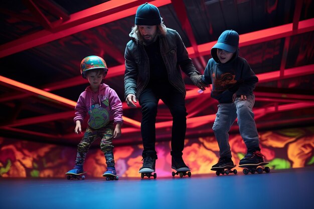 Une famille s'amuse à démolir la rampe d'un skatepark intérieur