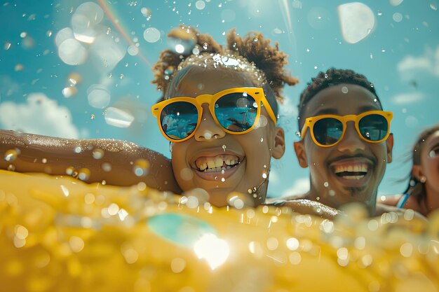 Photo une famille s'amuse sur un radeau jaune vif sur la plage.