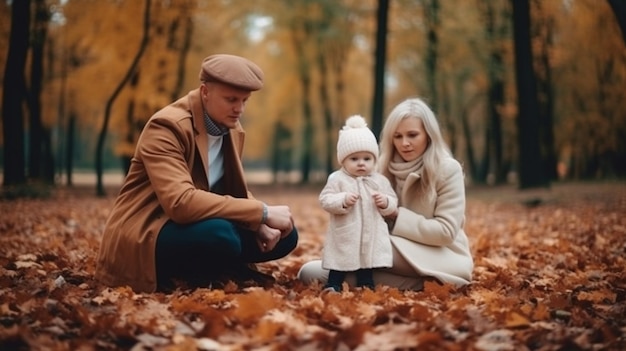 Une famille s'assied en parc d'automne avec leur enfant