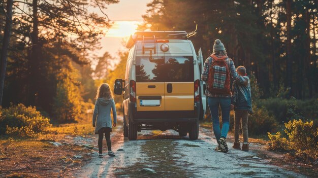 La famille s'est arrêtée dans les bois dans un van de voyage.