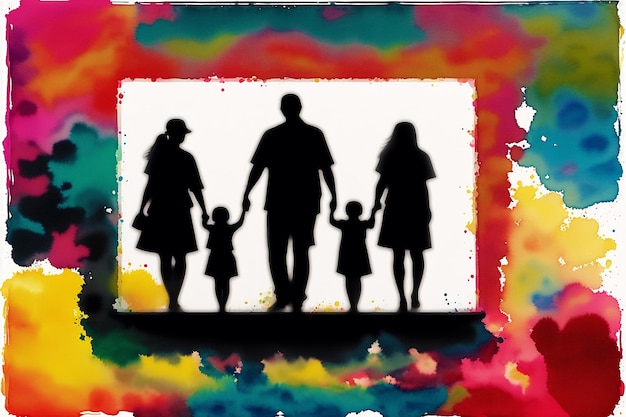 Photo une famille se découpant sur un fond coloré avec le mot « famille » en bas.