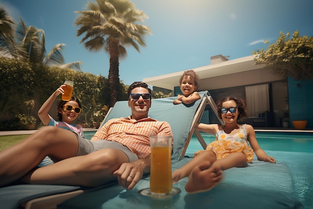 une famille se détend sur une terrasse avec un palmier