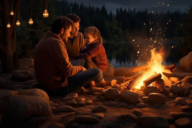 Une famille se détendant autour d'un feu de camp par un automne frais 00090 01