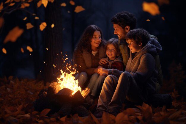 Une famille se détendant autour d'un feu de camp par un temps frais d'automne 00094 00