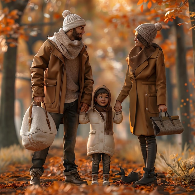 Une famille se promène dans les bois avec les mains dans les poches.