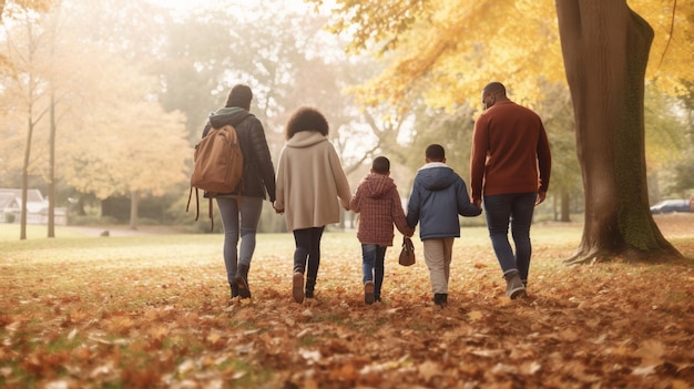 Une famille se promène dans un parc d'automne au milieu de feuilles jaunes générées par l'IA