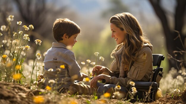 une famille se promène ensemble dans un parc en plein air en automne les arbres portent des feuilles d'orange