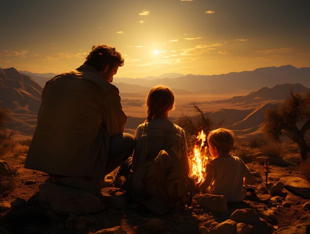 Une famille se réunit et campent autour d'un feu de camp dans la nature à Sunset Family Recreation