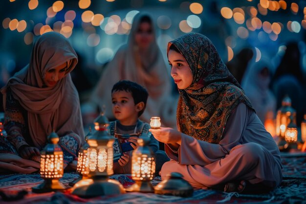 Photo une famille se réunit avec des femmes lors d'une fête des lanternes.