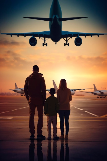 Une famille se tient à l'aéroport et regarde un avion décoller.