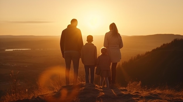 La famille se tient ensemble au coucher du soleil Generative AI