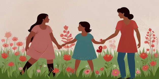 une famille se tient par la main dans un jardin avec des fleurs et une femme se tenant par la main