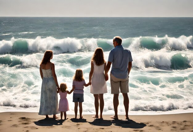 une famille se tient sur la plage avec les mains en l'air