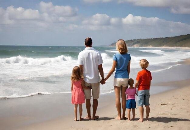 Une famille se tient sur la plage et l'océan est derrière eux.