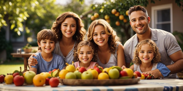 Famille souriante assise à l'extérieur, tenant des fruits à table