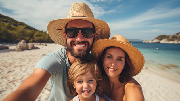 Famille souriante avec des chapeaux sur la plage Vacances familiales sur la côte ionienne