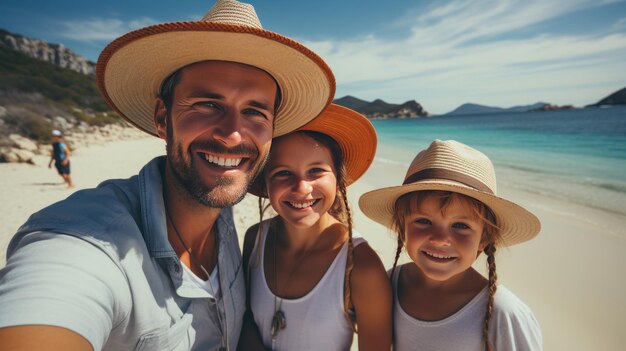 Famille souriante avec des chapeaux sur la plage Vacances familiales sur la côte ionienne