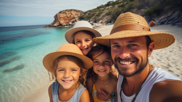 Famille souriante en chapeaux sur la plage Vacances en famille sur la côte ionienne