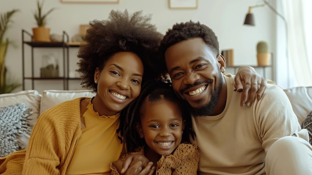 Photo famille souriante dans le salon