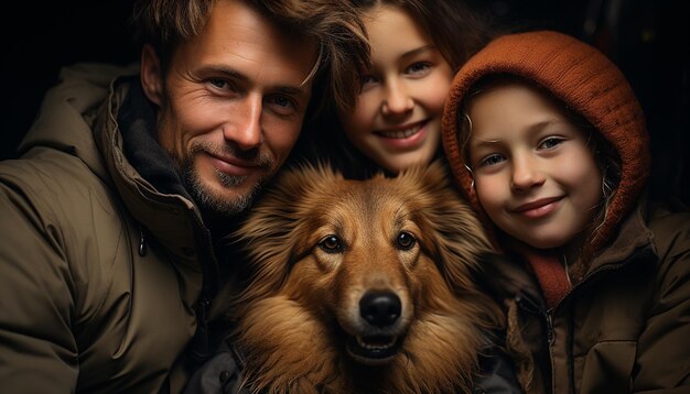 Photo une famille souriante embrasse un mignon chien dans un portrait en plein air généré par l'intelligence artificielle
