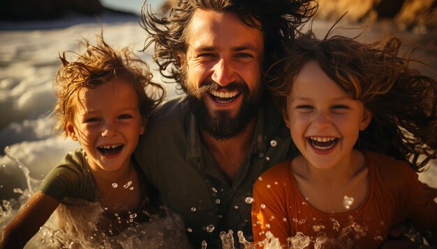 Photo une famille souriante, un enfant joyeux, un père ludique, une mère joyeuse, un lien d'amour généré par l'ia.