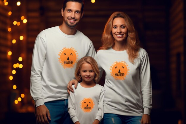 Photo une famille souriante portant des t-shirts verts devant les lumières de noël