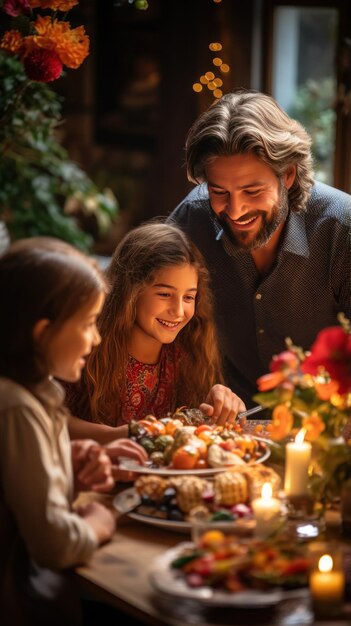 Une famille souriante rassemblée autour d'un tableau magnifiquement décoré.