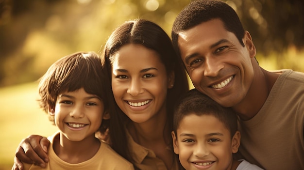 Une famille sourit à la caméra et sourit à la caméra.