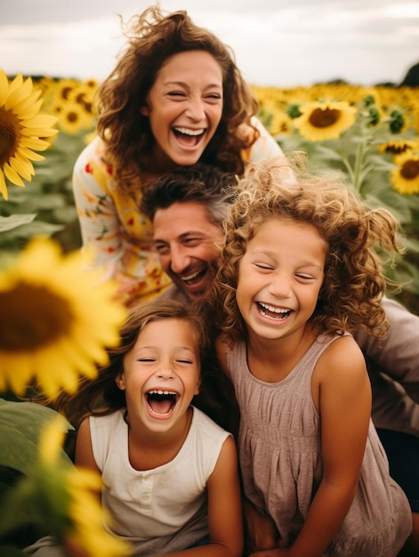 Une famille sourit dans un champ de tournesols.