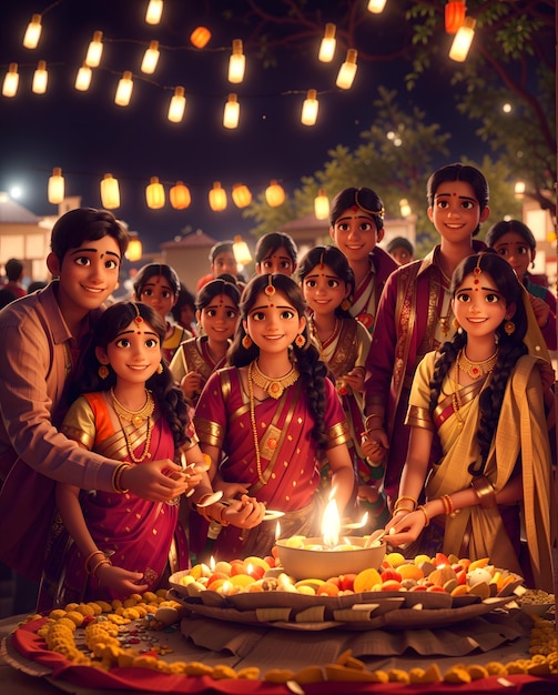 Famille de style dessin animé 3D célébrant Diwali créée avec Generative AI