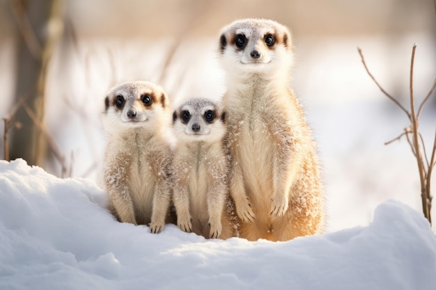 Famille de suricates arctiques sur la neige