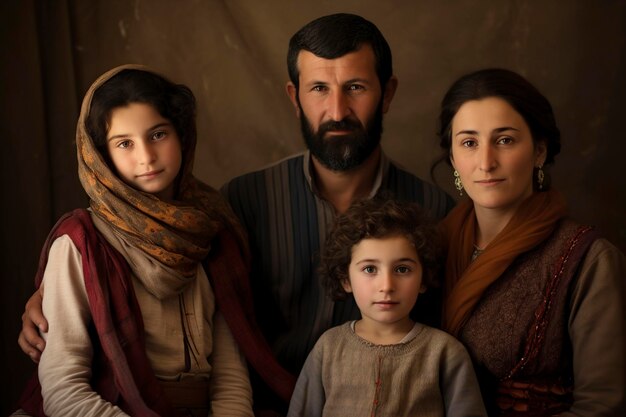 Une famille syrienne pose devant une caméra.