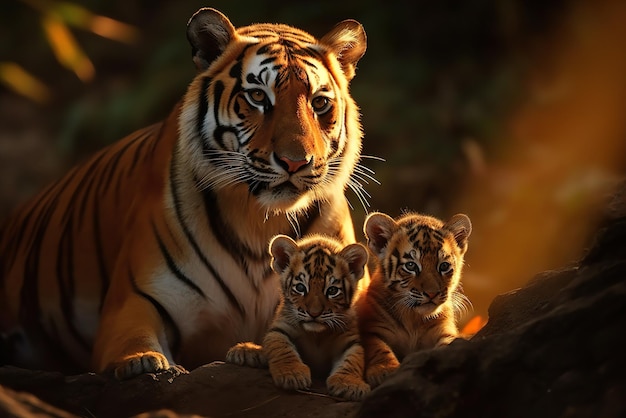 Famille de tigres avec deux petits