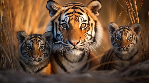 Famille de tigres à l'état sauvage