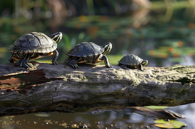 Une famille de tortues au soleil sur un tronc