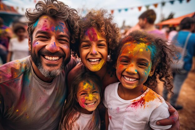 Une famille de touristes heureuse à la célébration de Holi