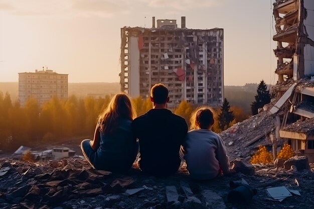 Une famille de trois personnes est assise devant un appartement détruit d'un immeuble de grande hauteur.