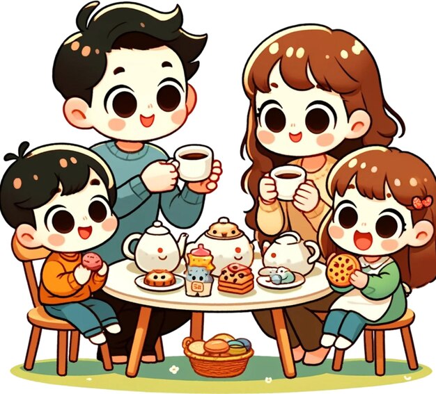 une famille de trois personnes est assise à une table avec une tasse de thé et une photo de deux enfants