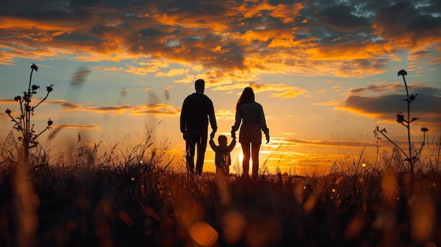 Photo une famille de trois personnes, un homme, une femme et un enfant, marchent ensemble dans un champ.