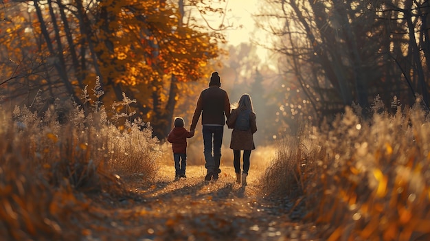 Famille de trois personnes en promenade mère tenant l'enfant vue de devant