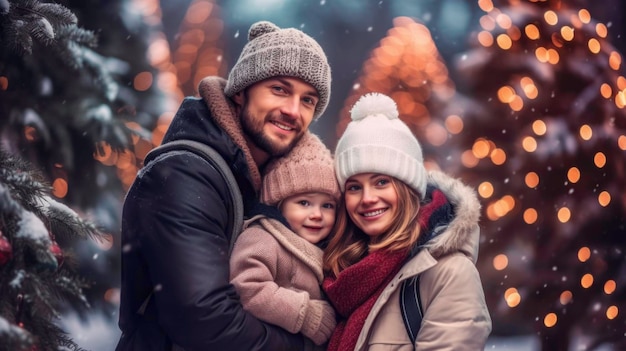 Famille de trois scène de Noël fond lumineux généré par l'IA