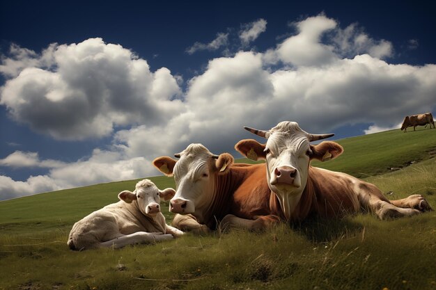 Photo famille de vaches sur la prairie ia générative