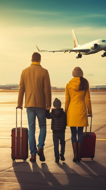 une famille avec une valise et un enfant tenant la main en regardant un avion