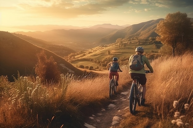 Famille à vélo à travers la montagne pendant le coucher du soleil