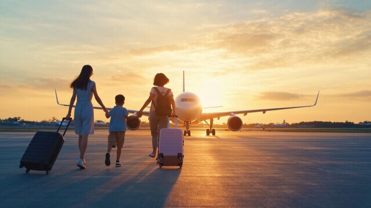 Photo une famille voyage ensemble au coucher du soleil sur la piste d'un aéroport