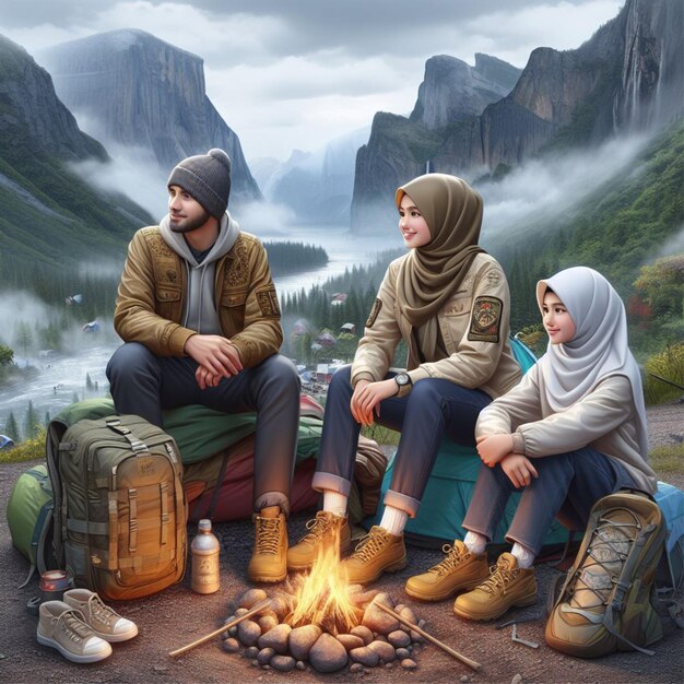 Une famille voyage près d'un campement tranquillement dans la vallée