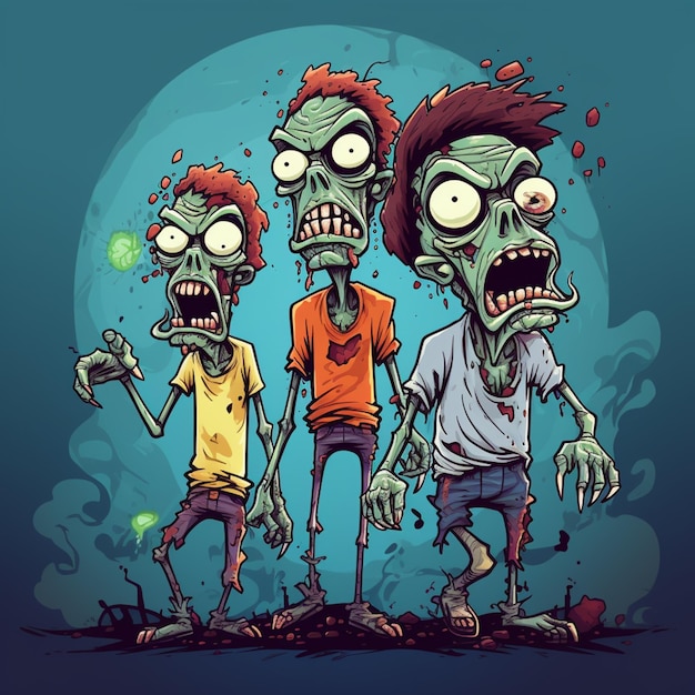 Famille de zombies de dessins animés avec des yeux brillants et des cheveux rouges